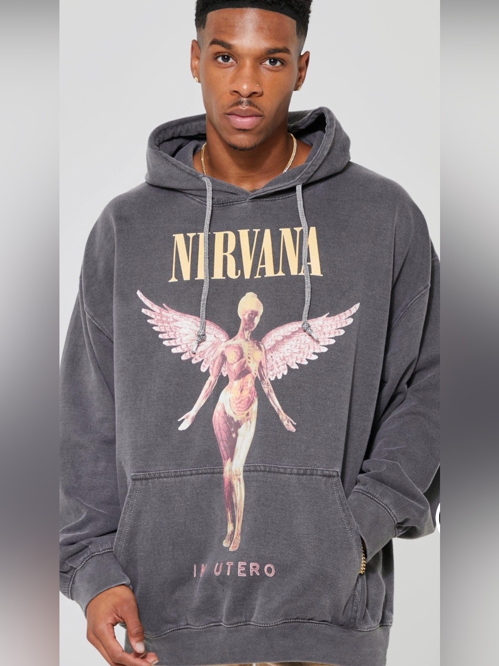 NIRVANA Charcoal Pullover Hoodie with Yellow Logo and Red Graphic Size Large